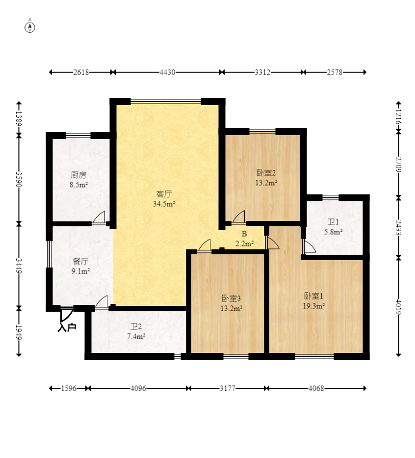 华盛家园  3室2厅2卫   96.00万室内图1