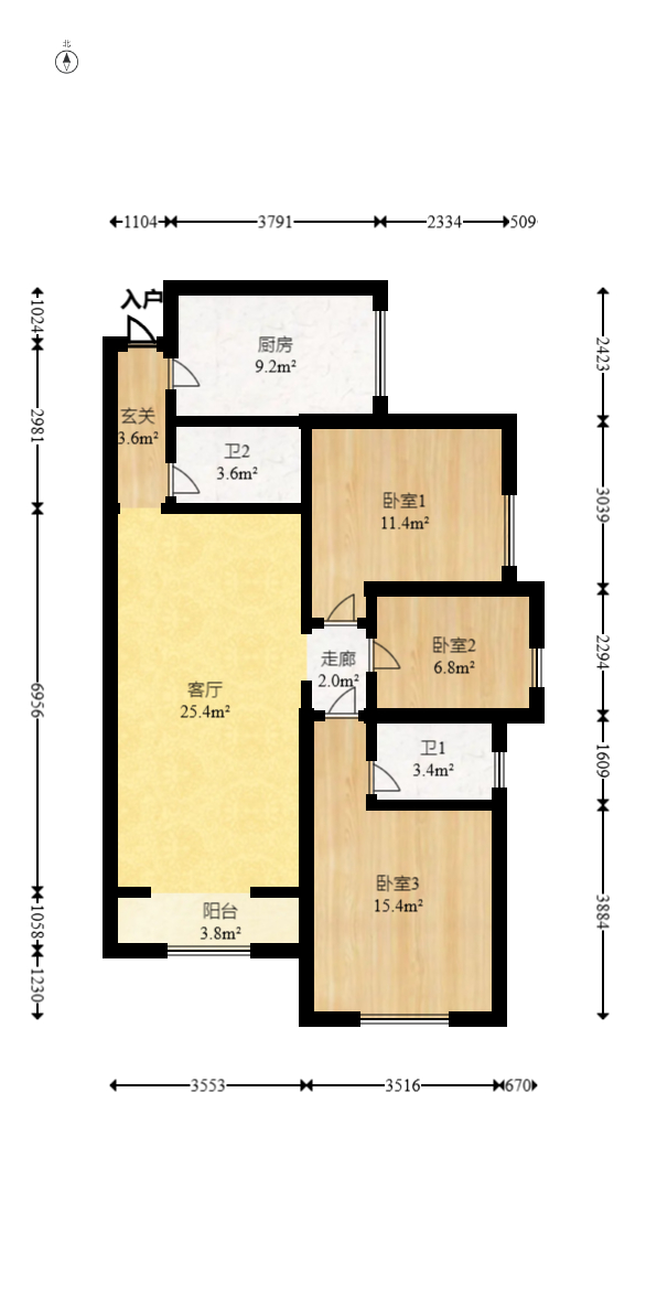 上海城小区  3室2厅1卫   90.00万室内图1