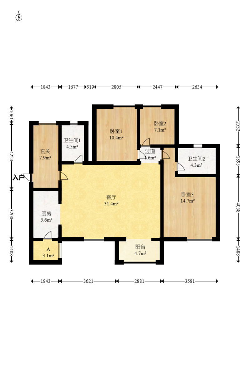 时代倾城四期  3室2厅2卫   105.00万室内图1