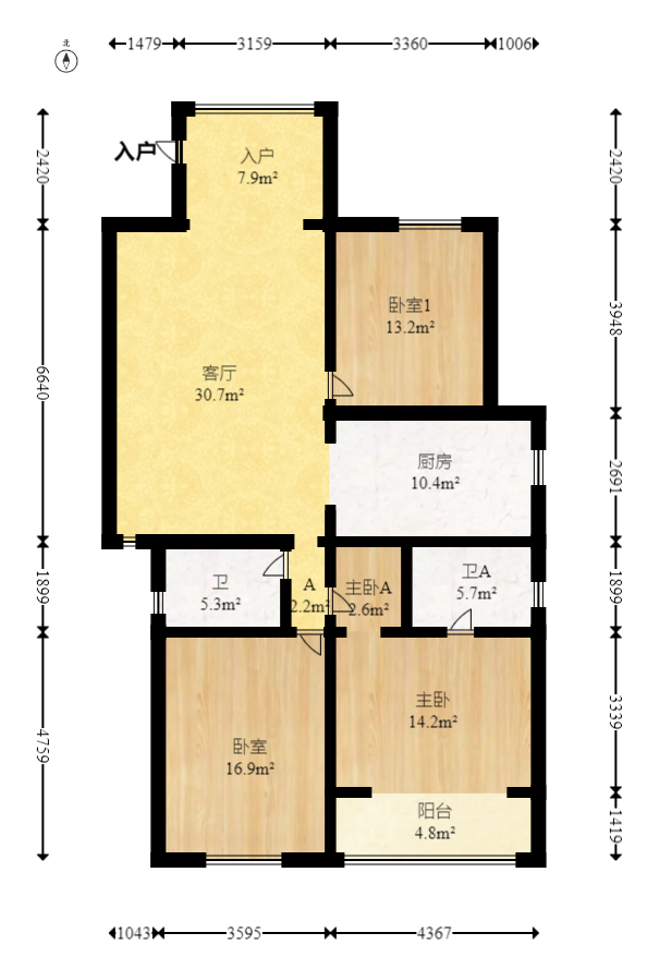 五一大道202（中环壹世界）  3室2厅2卫   185.00万室内图1