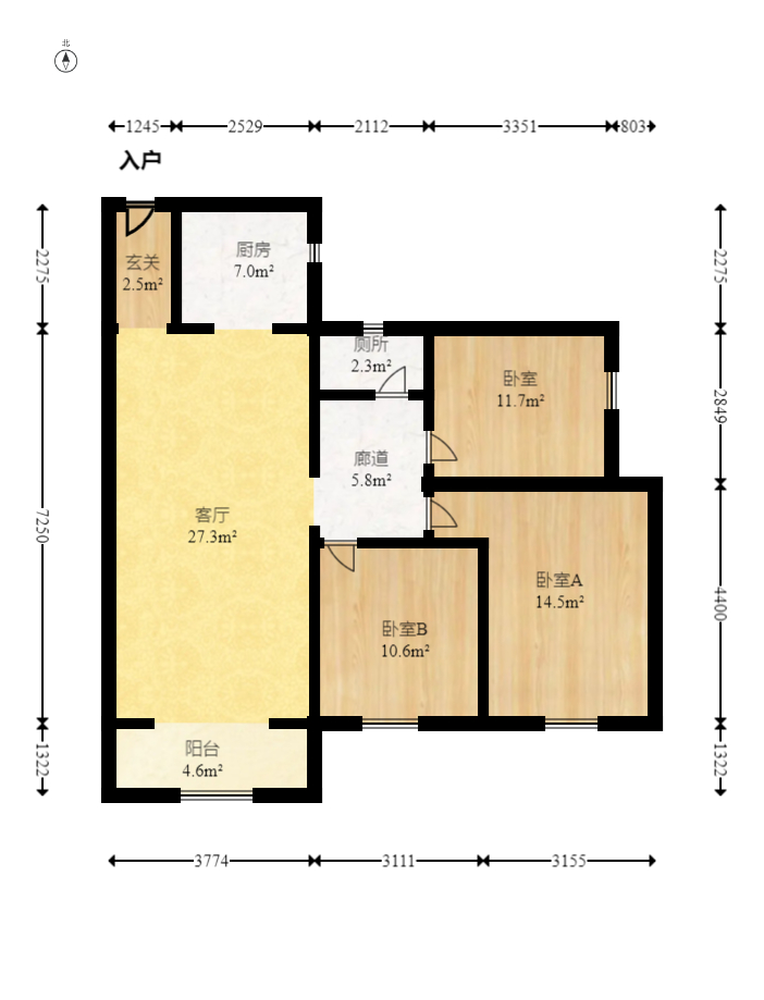 兰亭湾畔  3室2厅1卫   95.00万室内图1