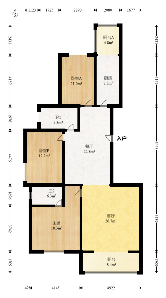 锑都家园  3室2厅2卫   68.00万室内图1