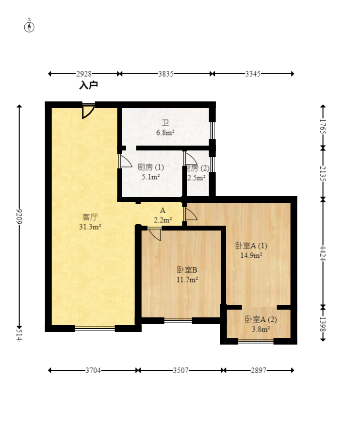 西点公园里 2室2厅1卫 88.0万 西点公园里 2室2厅1卫 88.0万户型图