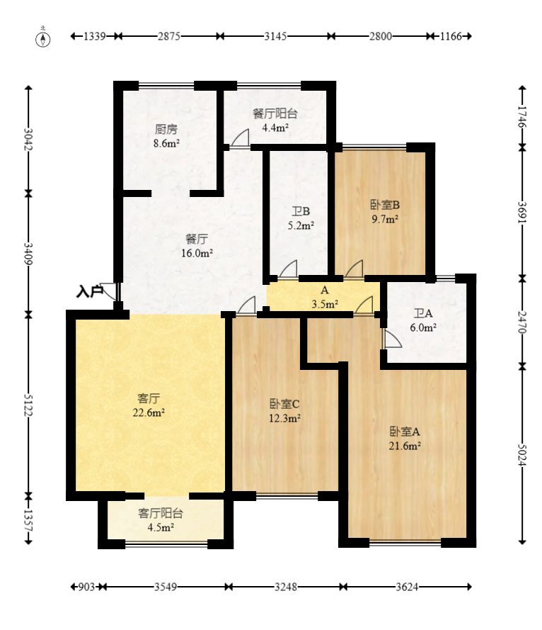 八方小区A区  3室2厅2卫   402.00万室内图1