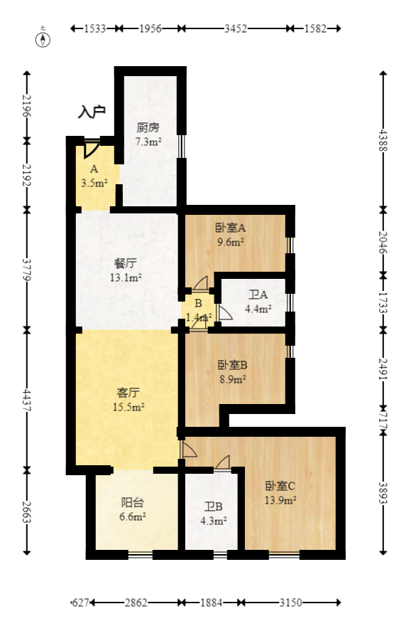 汇金城/嘉华城（二期、三期）  3室2厅2卫   122.00万室内图1