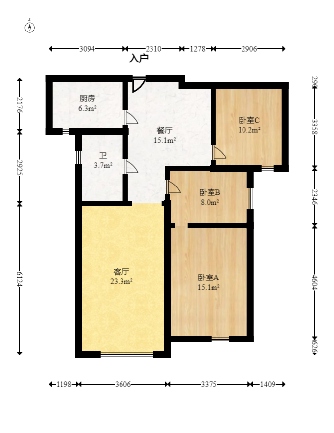 卢浮原著  3室2厅1卫   65.00万室内图1