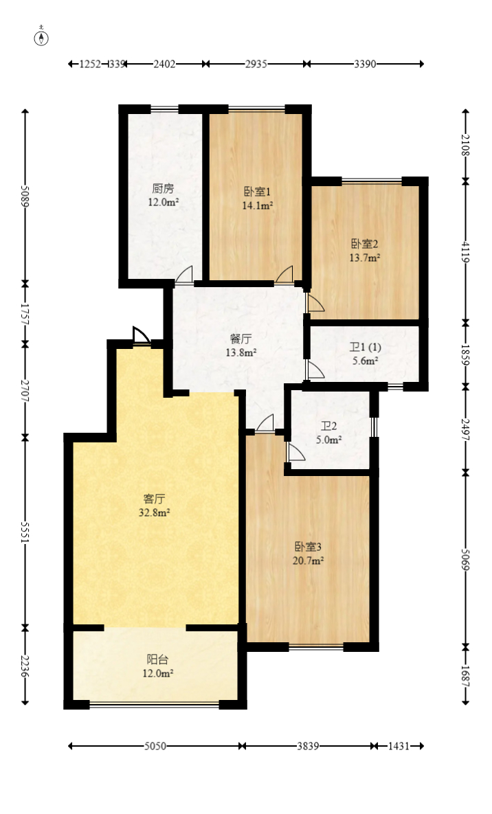 鸿铭中心  3室2厅2卫   120.00万室内图1