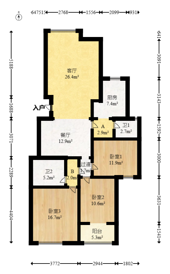 新世纪家园  3室2厅2卫   100.00万室内图1