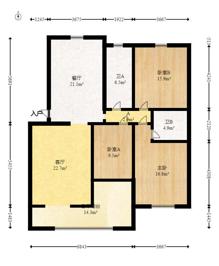 岳银小区（一二三五村）  3室2厅2卫   85.00万室内图1