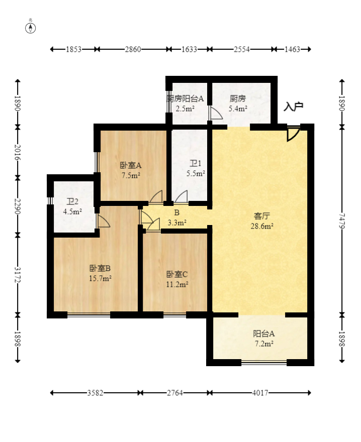 长房东旭国际  3室2厅2卫   146.00万室内图1
