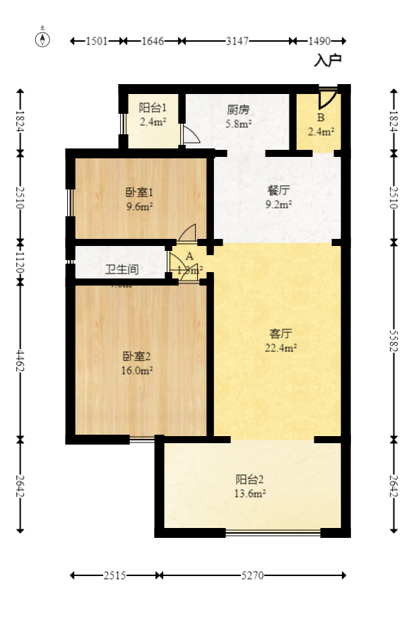 时代倾城三期  2室2厅1卫    80.6万室内图1