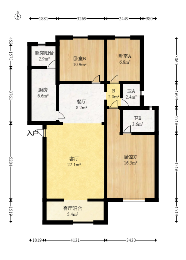 枫林绿洲  3室2厅2卫   70.80万室内图1