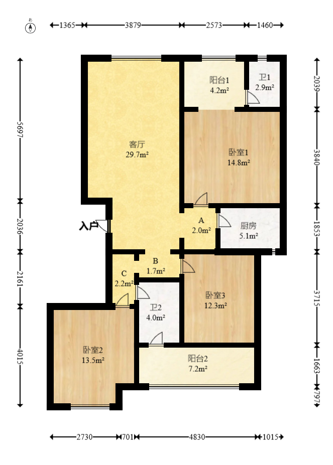 华新花苑  3室2厅1卫   113.00万室内图1