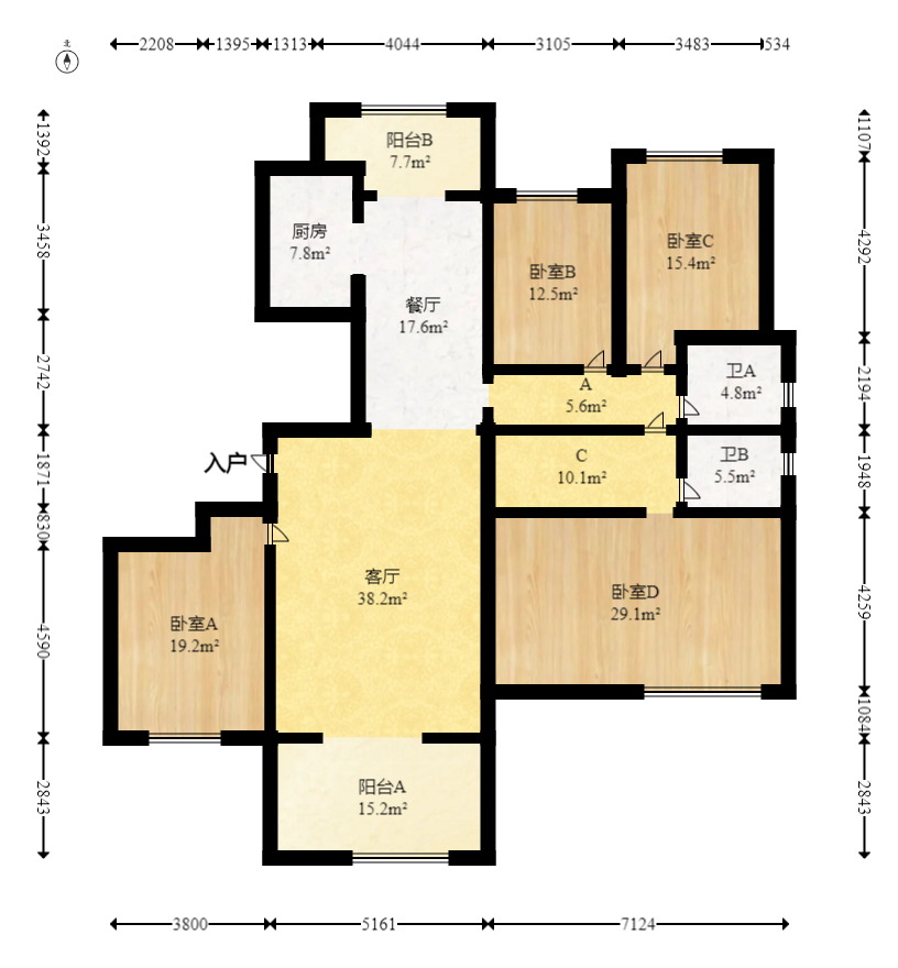 藏珑湖上国际花园  4室2厅2卫   280.00万室内图1