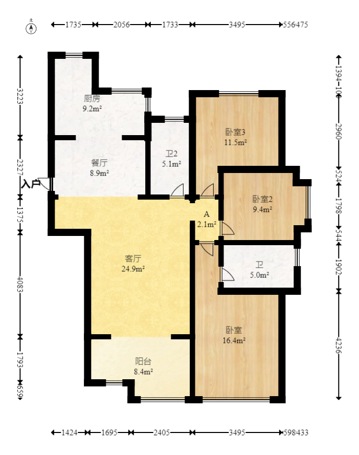 奥克斯缔壹城  3室2厅2卫   132.00万室内图1