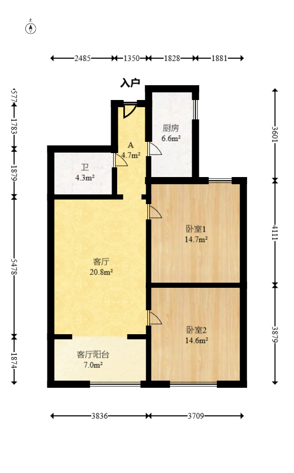 克拉美丽山庄（晟领国际）  2室2厅1卫   74.00万室内图1