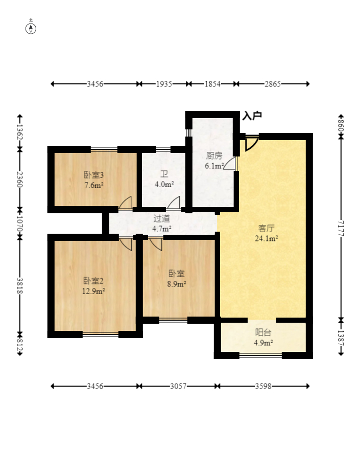 奥克斯缔壹城  3室2厅1卫   90.00万室内图1
