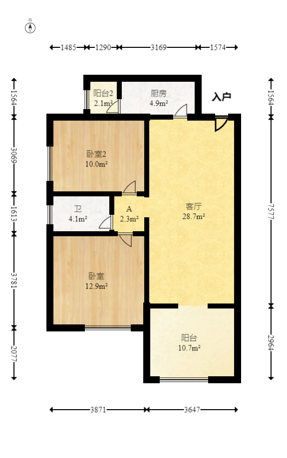 恒大华府  2室2厅1卫   124.00万室内图1