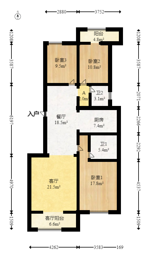 柠檬丽都  3室2厅2卫   98.00万室内图1