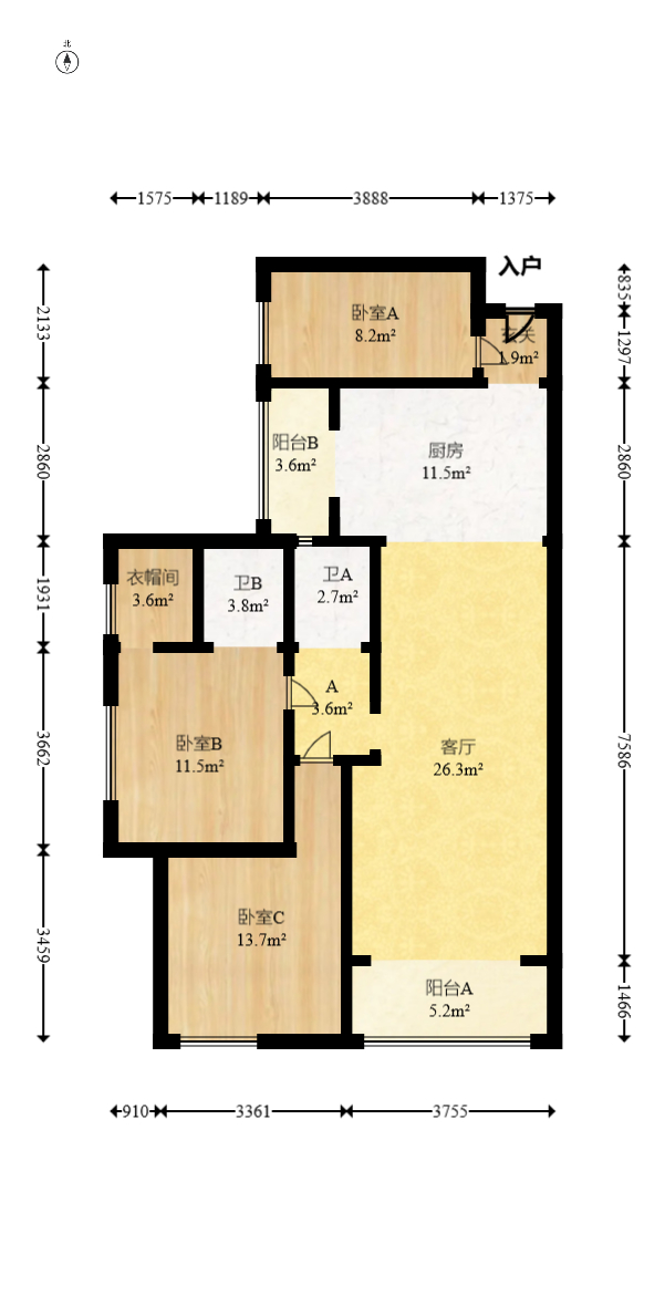 上园商住小区  3室2厅2卫   129.00万室内图1