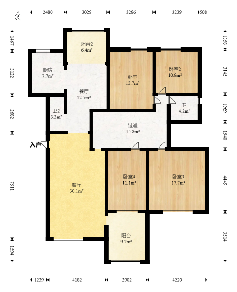 咸嘉新村嘉华苑  4室2厅2卫   128.00万室内图1