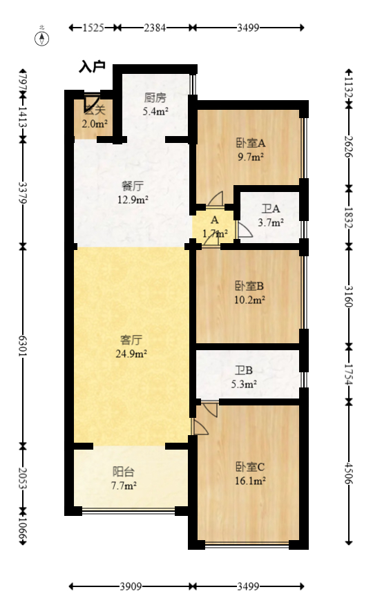 藏珑湖上国际花园  1室2厅1卫   125.00万室内图1