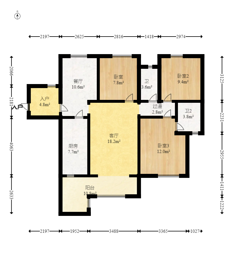 天麓尚层 3室2厅2卫 106.0万 天麓尚层 3室2厅2卫 106.0万户型图