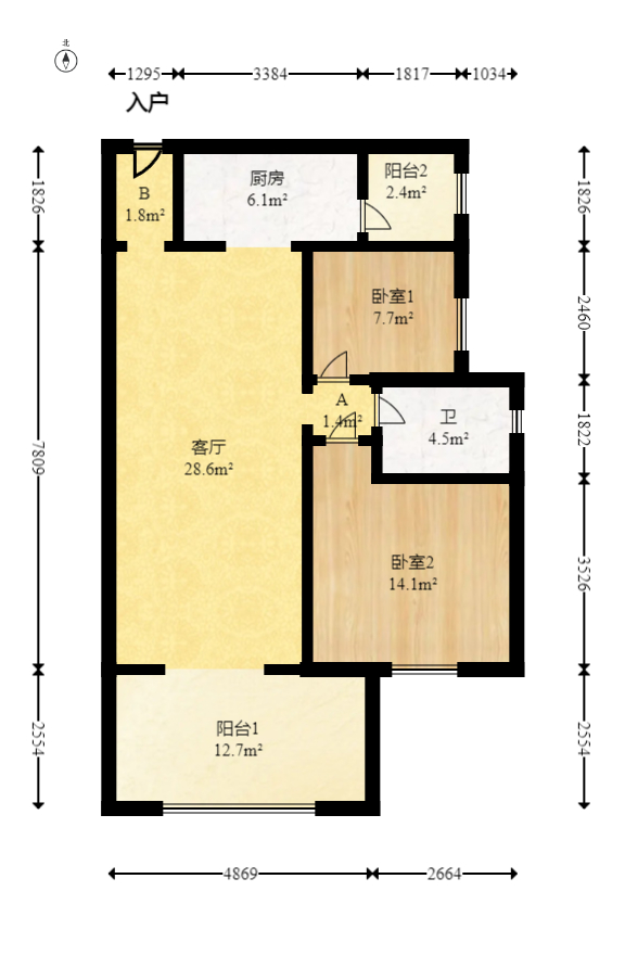 时代倾城二期  1室2厅1卫   65.00万室内图1