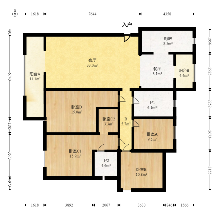 世茂璀璨天城  4室2厅2卫   218.00万室内图1