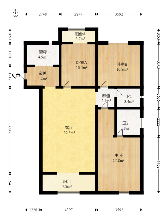惟泽园  3室2厅2卫   88.00万室内图1
