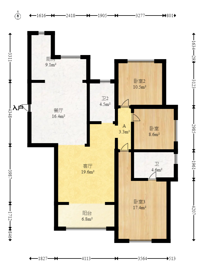 奥克斯缔壹城  3室2厅2卫   128.00万室内图1