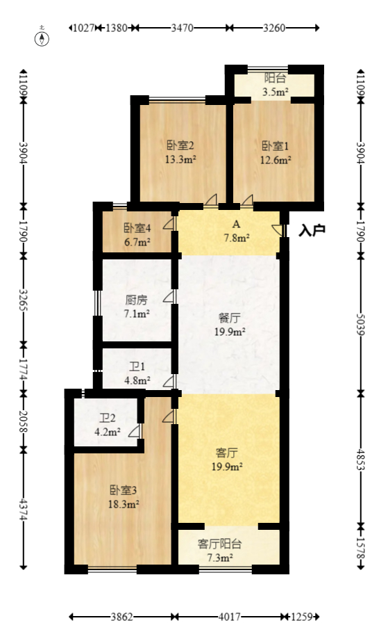 中海珑悦府  4室2厅1卫   132.00万室内图1
