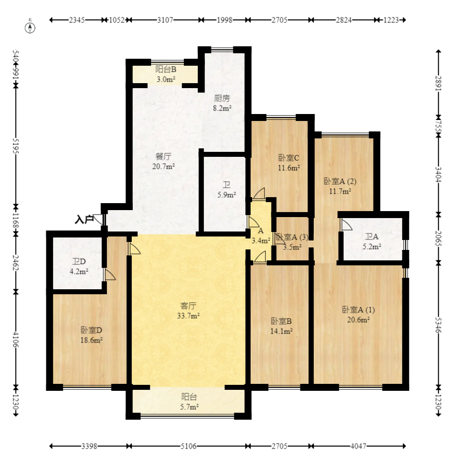 金茂梅溪湖  4室2厅2卫    360.0万室内图1