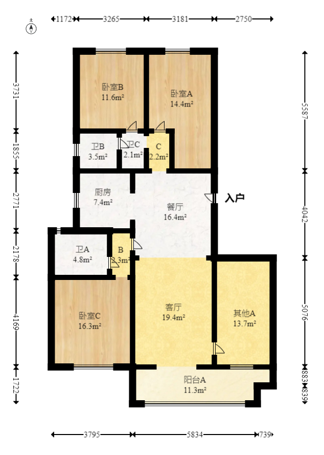 万科金色麦田  4室2厅2卫   208.00万室内图1