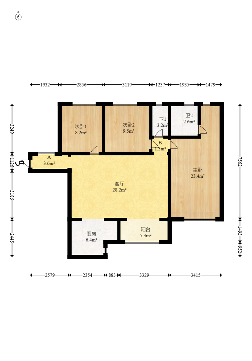 家和院  3室2厅2卫   89.80万室内图1
