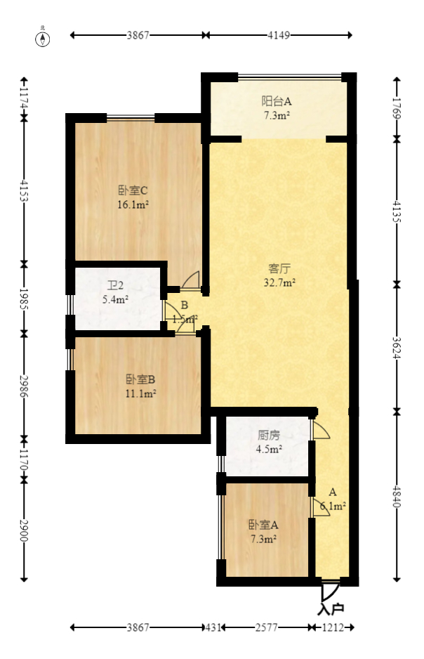 半山壹号  3室2厅1卫   107.80万室内图1