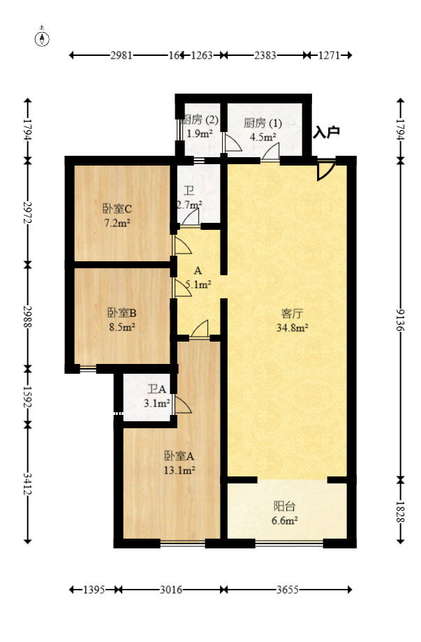 中建梅溪湖中心  3室2厅2卫   122.00万室内图1