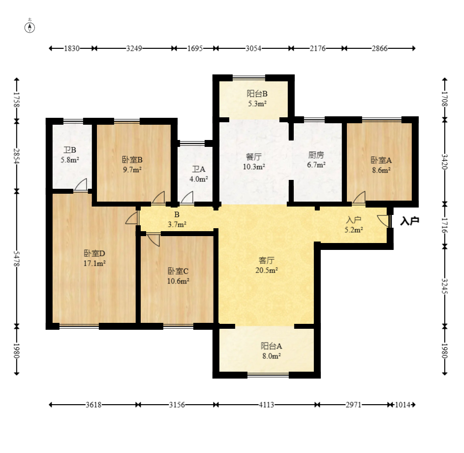 长房半岛蓝湾（观山月）  4室2厅2卫    104.0万室内图1