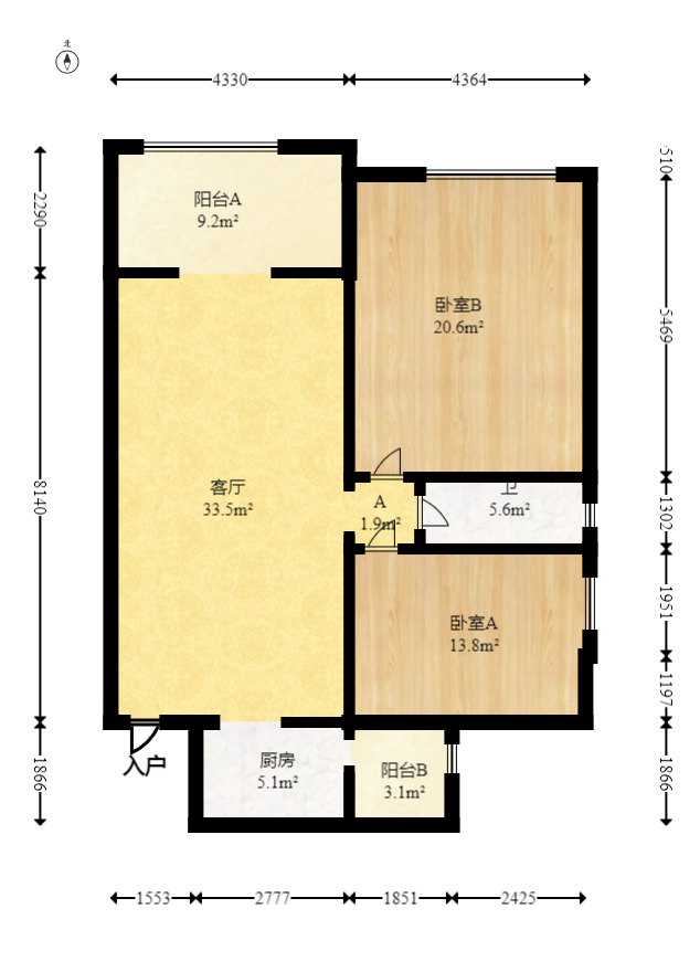 华盛新外滩  2室2厅1卫   113.00万室内图1