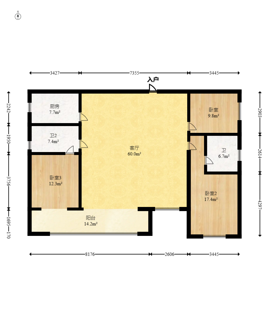 万象府台  3室2厅2卫   255.00万室内图1