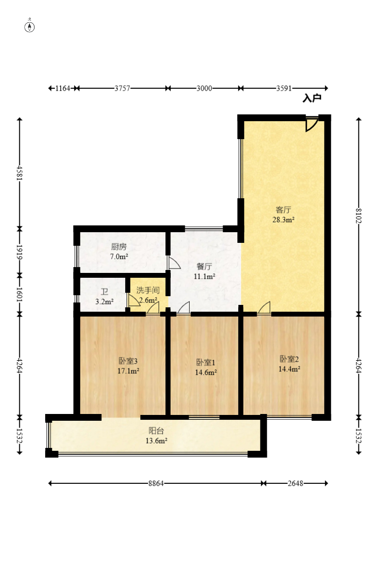 紫薇公寓  3室2厅2卫    80.0万室内图1