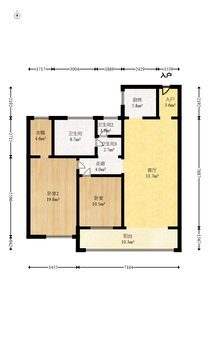 旭辉汇樾城  2室2厅1卫   107.50万室内图1