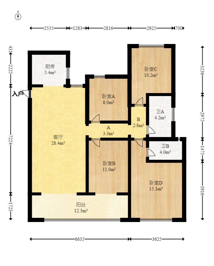 金地都会风華  4室2厅2卫   118.00万室内图1