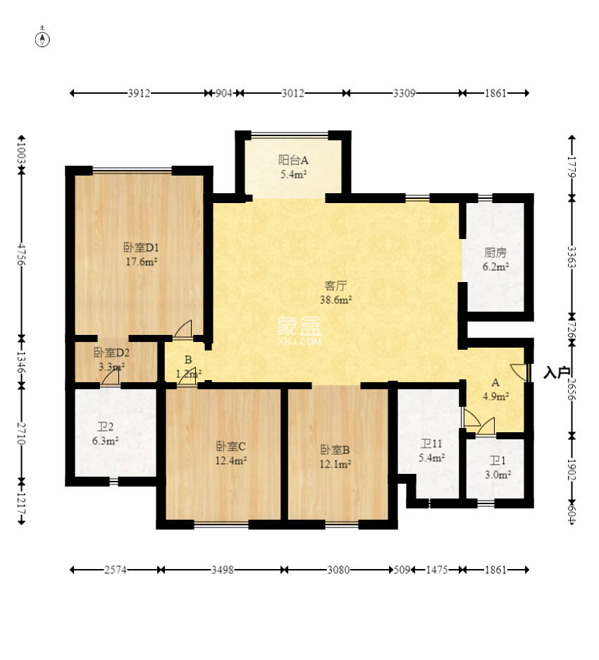 万科金域华府一期 1室2厅2卫 122.0万 万科金域华府一期 1室2厅2卫 122.0万户型图