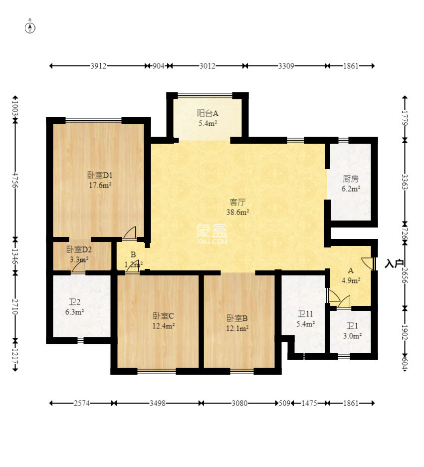 万科金域华府一期  1室2厅2卫    122.0万