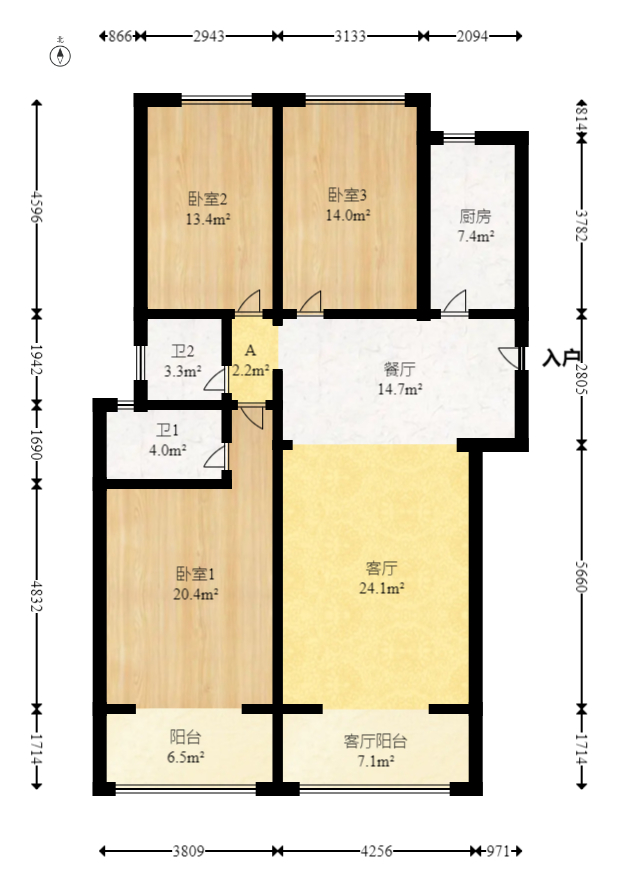 长大彩虹都  3室2厅2卫   125.00万室内图1