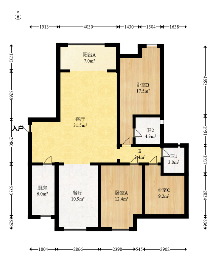 新华都万家城  3室2厅2卫   108.00万室内图1