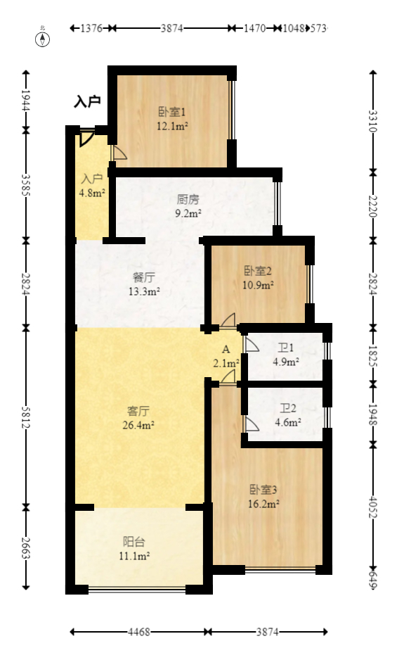 润和长郡（润和紫郡二三期）  1室2厅2卫   98.80万室内图1