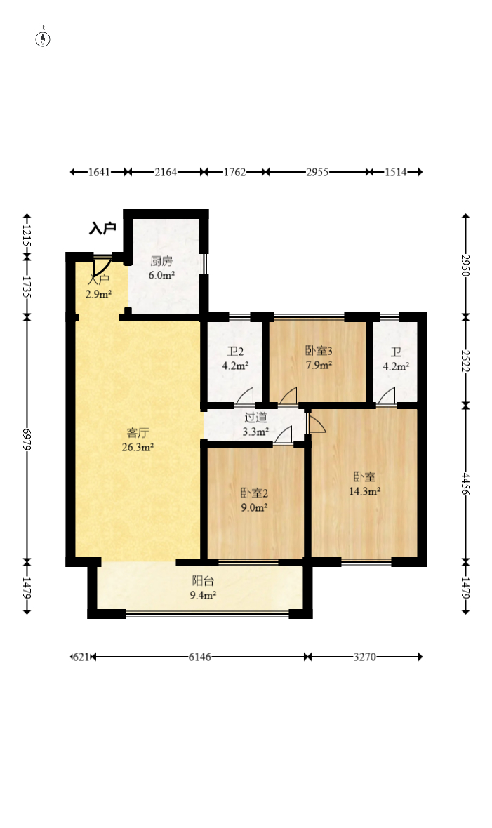 汉唐世家二期  3室2厅2卫   105.00万室内图1