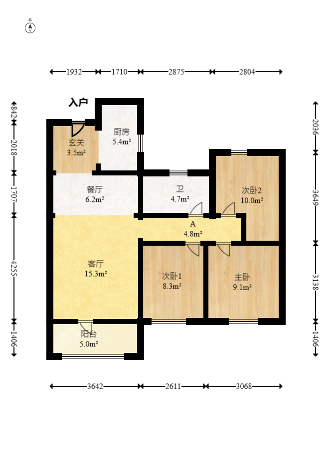 长沙北中心保利时代B区  3室2厅1卫   107.00万室内图1